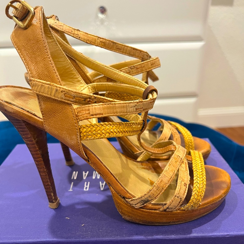 Stuart Weitzman Themost Natural Sandal Slightly Worn box included Leather & cork